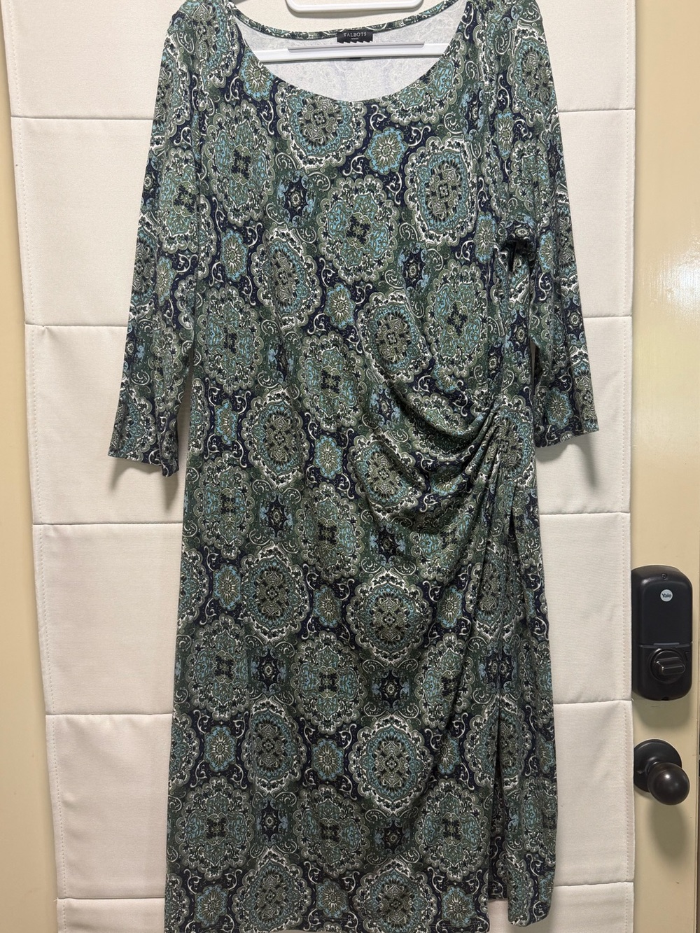 Talbots Paisley Twist Front Dress 1X Teal Green Navy 3/4 Sleeve Plus Size Dress